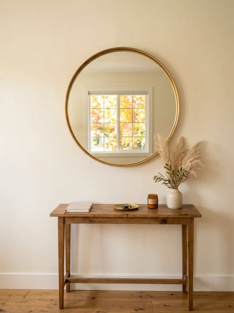 Minimalist foyer setup showcasing fall entryway decor wayfair style with a rustic wooden console table, round gold mirror, and pampas grass vase