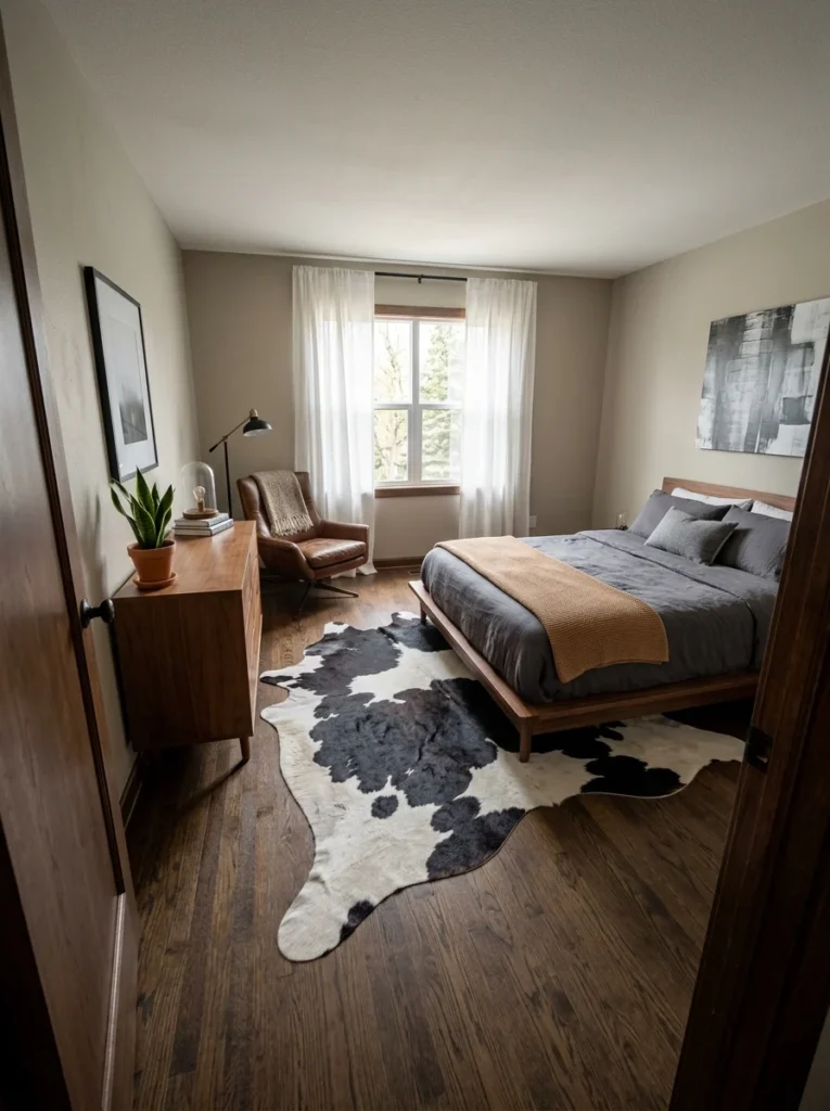Stylish masculine room showcasing mens bedroom ideas on a budget, featuring a low platform bed with charcoal gray sheets and a faux cowhide area rug.