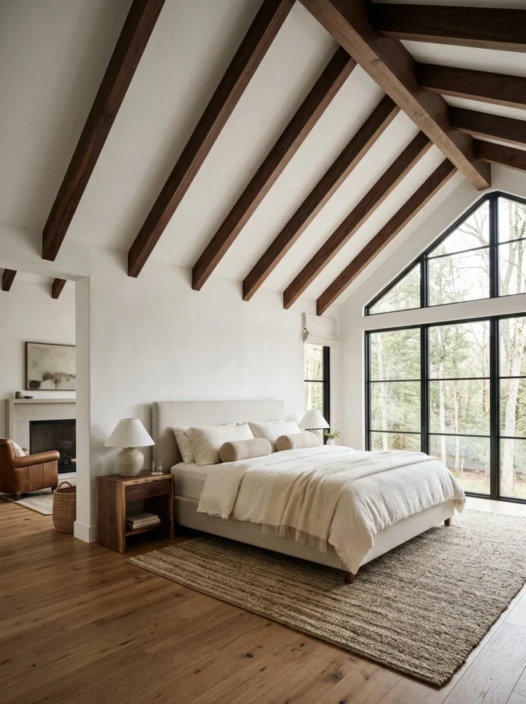 Vaulted master bedroom showcasing modern rustic bedroom ideas, featuring exposed dark wood beams, floor-to-ceiling windows, and a soft beige upholstered bed.