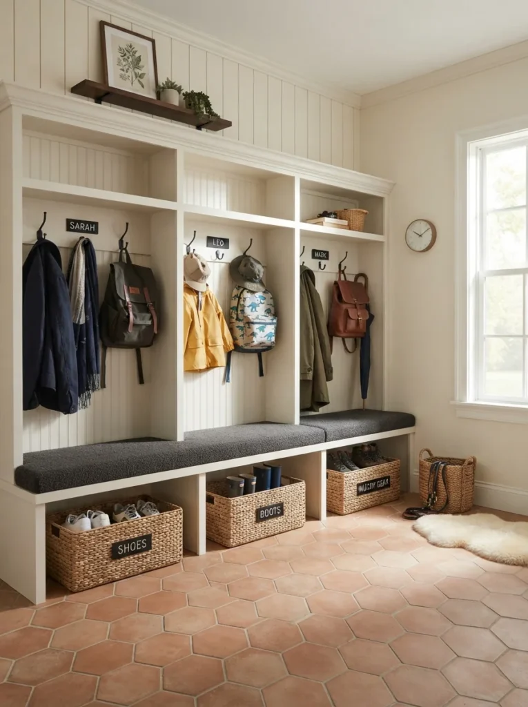 Organized transition entryway perfect for garage organization, featuring custom built-in lockers, a cushioned bench, and labeled wicker baskets