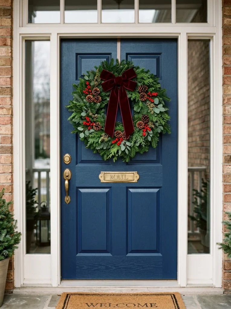 Classic holiday home entrance showcasing elegant outdoor christmas decorations with a lush evergreen wreath and velvet bow on a navy blue front door.