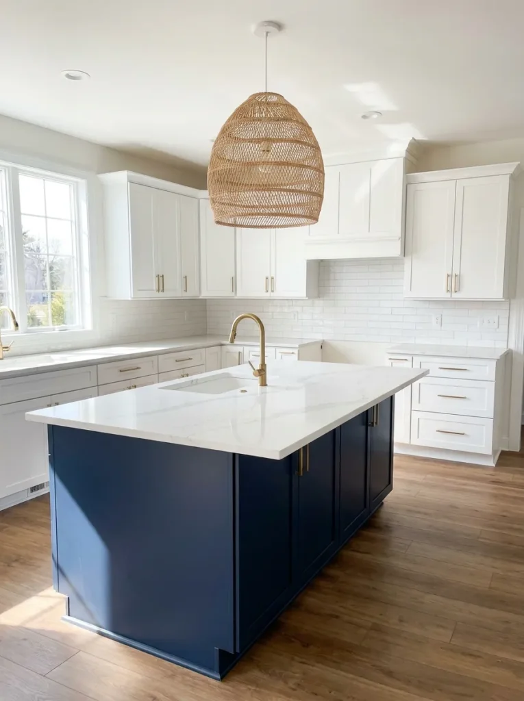 Bright modern kitchen showcasing kitchen island ideas with a dark navy blue base, white quartz countertop, a gold faucet, and a large woven pendant light