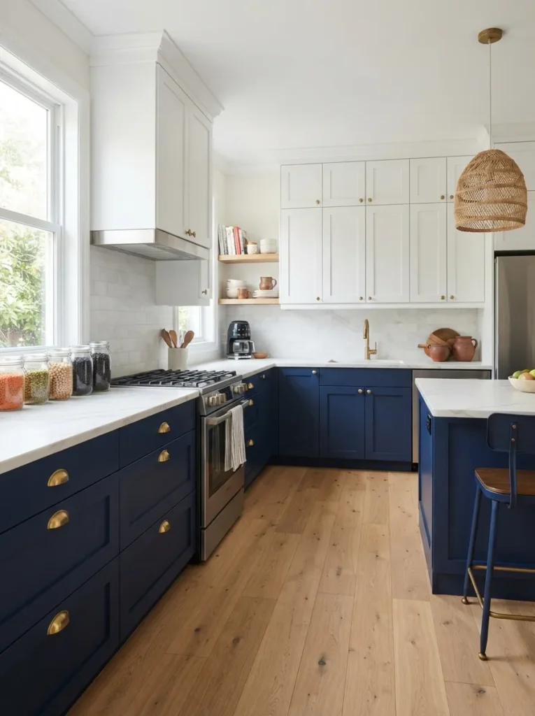 Modern Ikea kitchen ideas featuring two-tone shaker cabinets with dark blue lower drawers and white upper cabinets, white marble countertops, and light wood flooring