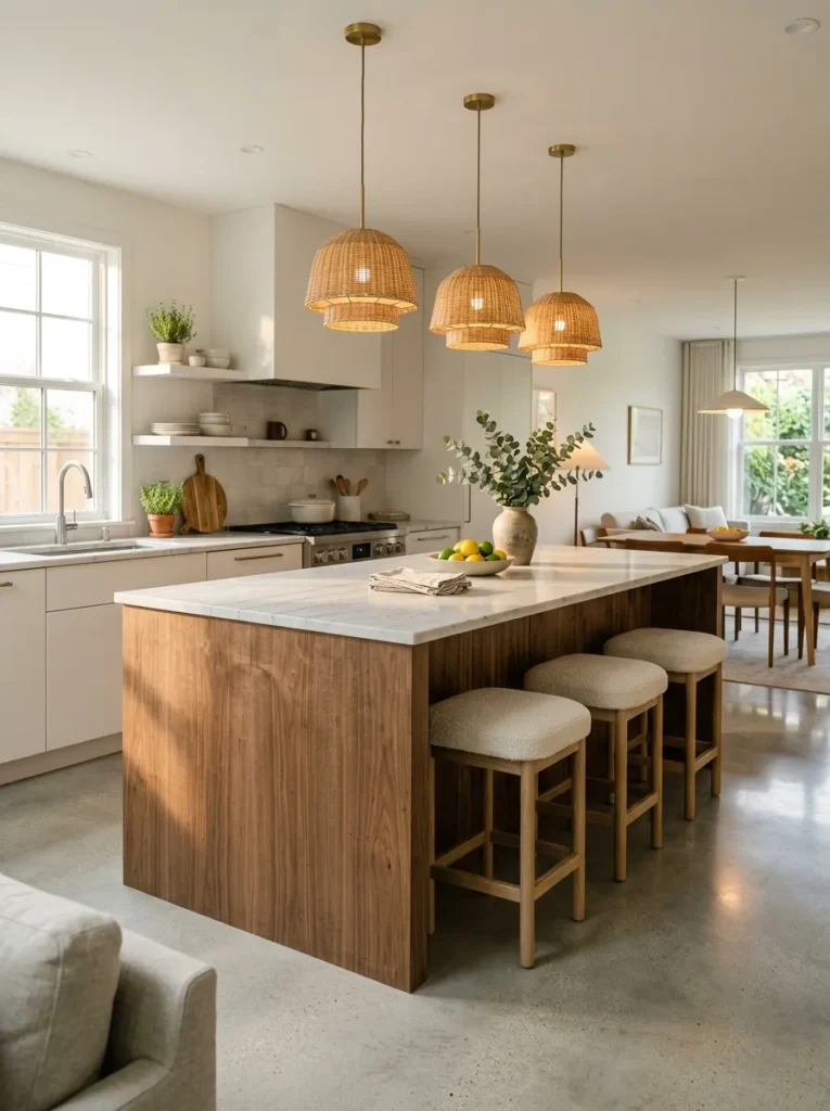 Modern open-concept kitchen showcasing walnut kitchen ideas with a rich wood island, white marble countertops, and trio of woven pendant lights.