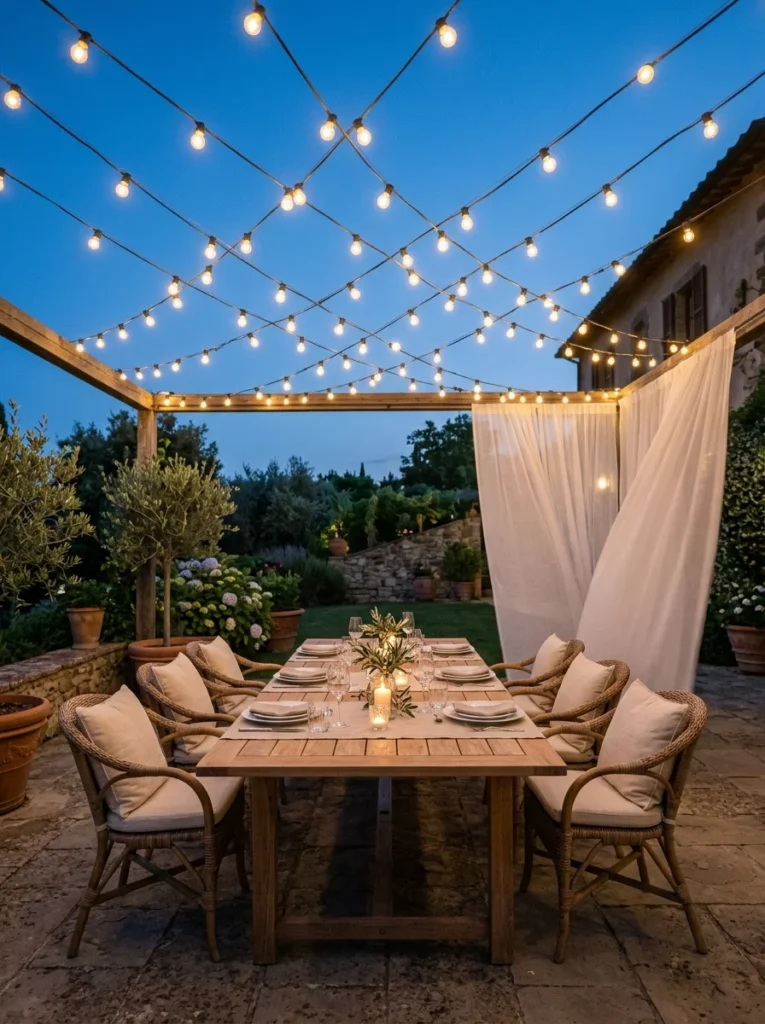 Elegant backyard patio showcasing cozy outdoor ideas with a long wooden dining table, wicker chairs, flowing curtains, and criss-cross string lights