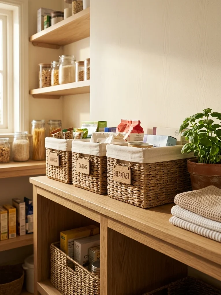 Neat kitchen setup showcasing pantry organization ideas with lined wicker baskets, wooden tags, and floating shelves filled with glass jars