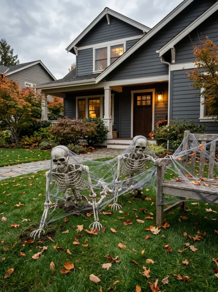 Spooky front lawn featuring outdoor halloween decor with skeletons crawling out of the ground covered in cobwebs near a wooden bench.