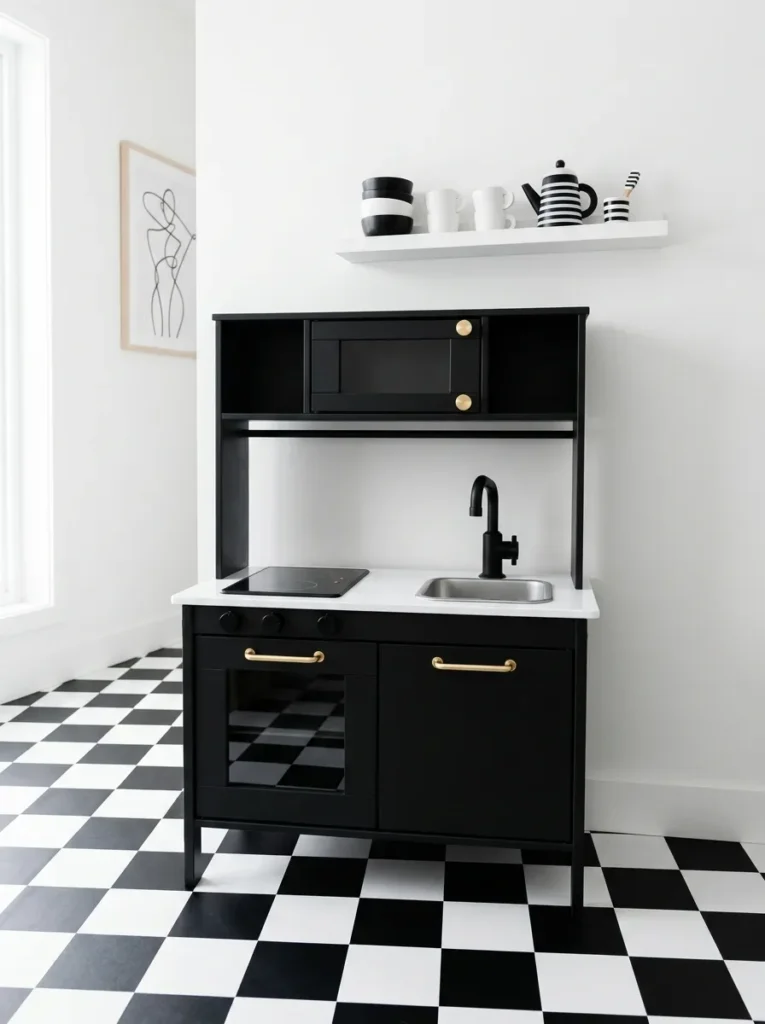 Stylish play area featuring modern duktig ikea kitchen makeovers with a matte black painted toy kitchen, gold hardware, and a checkered floor