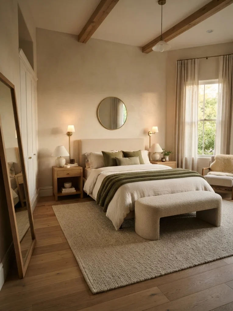 Peaceful master suite displaying olive green bedroom ideas, featuring a soft beige upholstered bed layered with olive green pillows and a knit green throw.