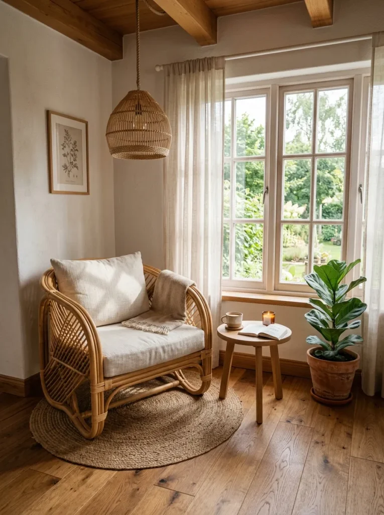 Cozy earthy living room ideas featuring a rattan armchair, a small wooden side table, a fiddle-leaf fig plant, and a woven pendant light.