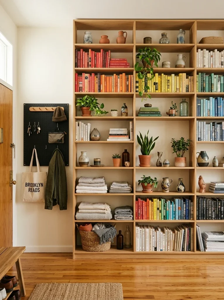 Smart storage layout showcasing functional studio apartment ideas with floor-to-ceiling wooden bookshelves and an entry pegboard organizer