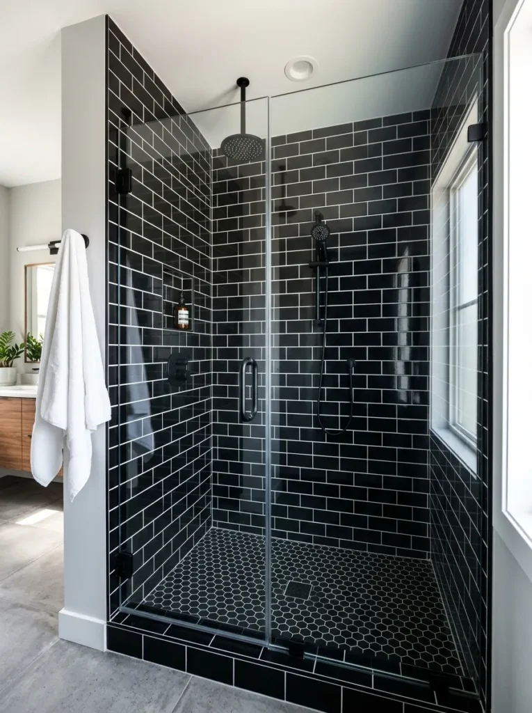 Modern shower showcasing bold black bathroom ideas with glossy black subway wall tiles, a black hexagon tile floor, and matching matte black fixtures.