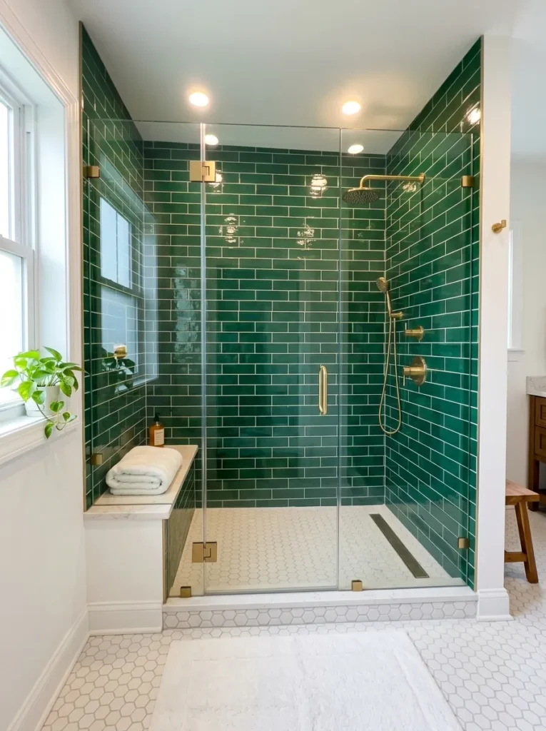 Stunning modern shower showcasing green bathroom ideas with vibrant emerald green subway wall tiles, glass doors, and luxury gold fixtures