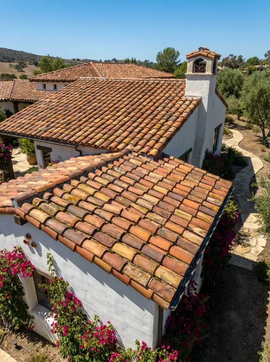 Spanish style homes ideas featuring a traditional red terracotta tile roof, white stucco walls, and blooming bougainvillea flowers