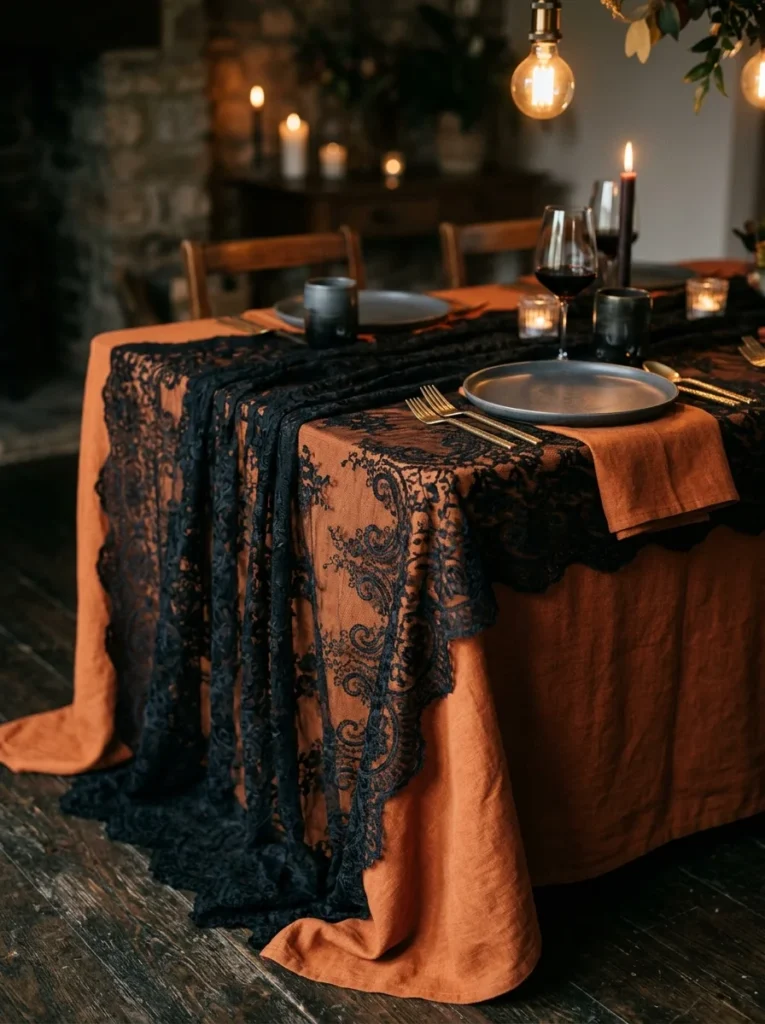 Moody dining room setting showcasing gothic halloween table decorations with an burnt orange tablecloth, black lace runner, dark plates, and ambient candlelight