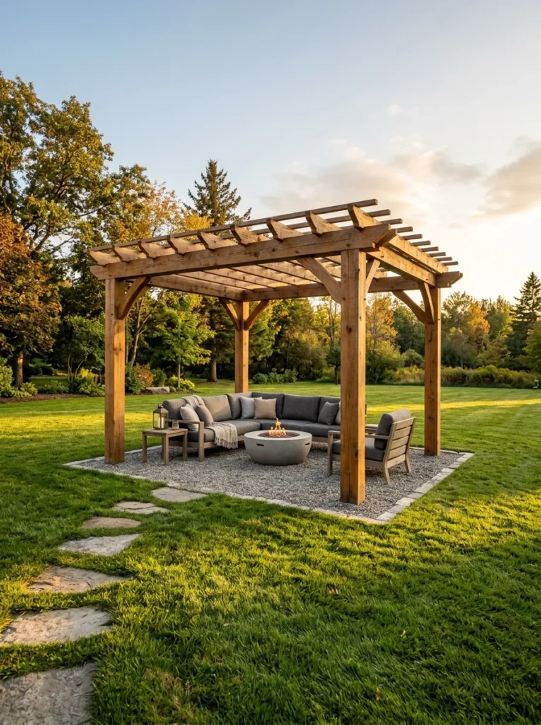 Spacious backyard lawn featuring modern pergola ideas with a large wooden structure, comfortable sectional sofa, and a central fire pit on a gravel base.