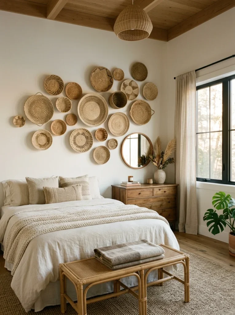 Earthy neutral bedroom displaying African bedroom decor ideas, featuring an asymmetrical woven basket wall gallery mounted above a bed styled with cream linens.