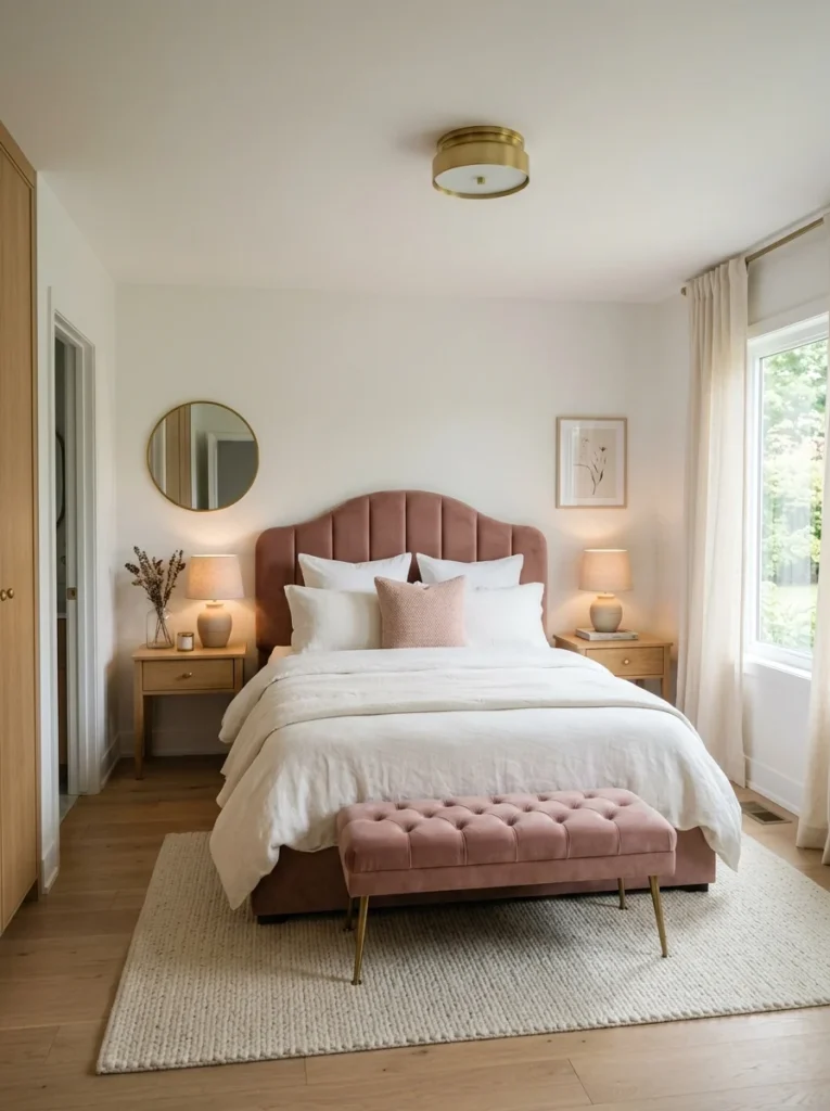 Elegant master bedroom displaying modern girly pink bedroom ideas, featuring a dusty rose velvet arched headboard and a matching pink tufted bench.