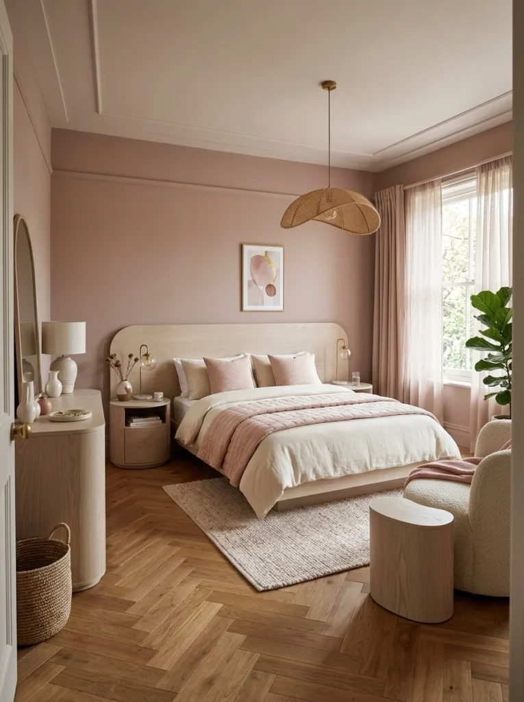 Minimalist dusty pink bedroom displaying plywood headboard ideas, featuring an extended curved light wood plywood headboard backdrop.