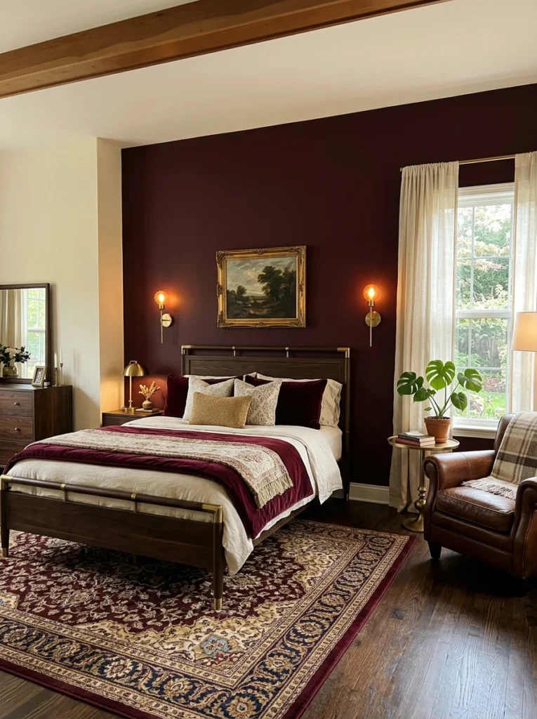 Moody master suite displaying dark academia bedroom ideas, featuring a deep burgundy accent wall, ornate gold framed oil painting, and a dark wood bed.