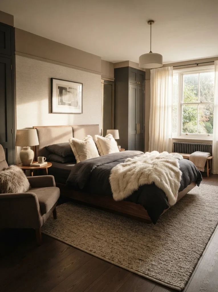 Cozy master suite displaying winter bedroom ideas, featuring a dark charcoal duvet layered with a plush cream faux fur throw blanket.