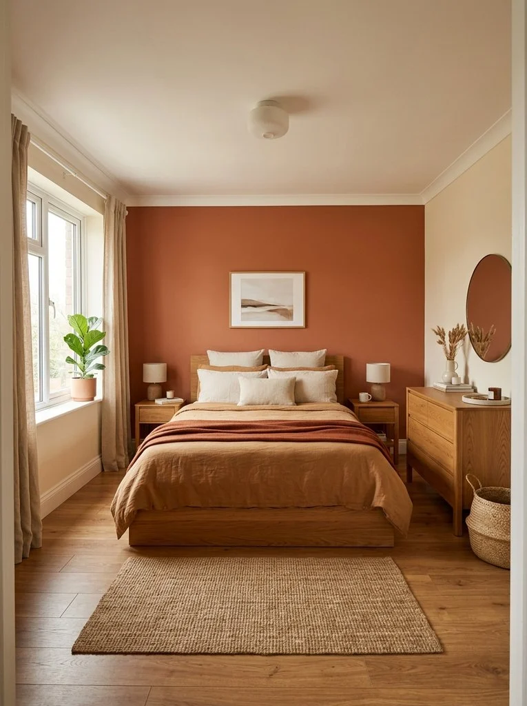 Warm earth-toned bedroom displaying cozy bedroom ideas, featuring a terracotta painted accent wall behind a natural oak bed frame.