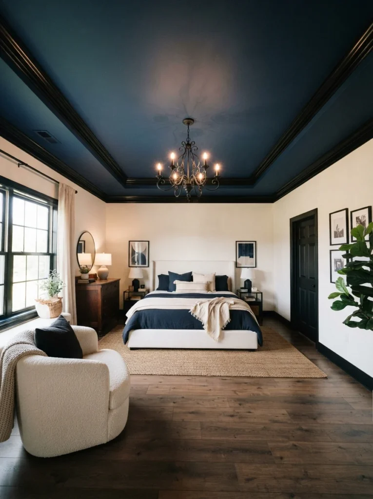 Luxurious master bedroom displaying black and blue bedroom ideas, featuring a dark blue tray ceiling framed by matte black crown molding.
