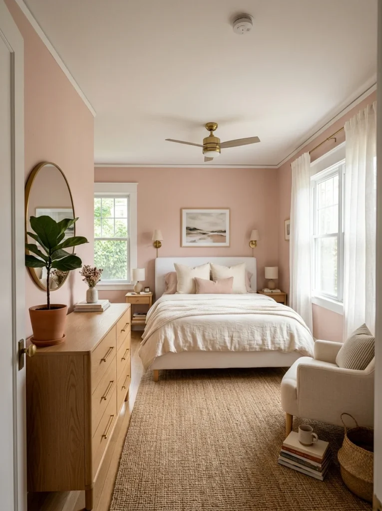 Romantic bedroom showcasing coquette room ideas, featuring soft blush pink walls, an upholstered white headboard, and layered cream bedding.
