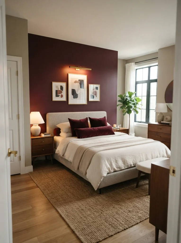 Modern master suite displaying burgundy and gold bedroom ideas, featuring a deep wine-red accent wall, gold picture light, and framed abstract wall art.
