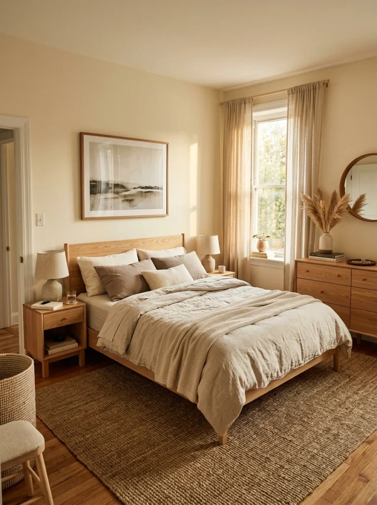 Serene master bedroom displaying natural bedding ideas, featuring a natural oak bed frame styled with layered oatmeal and taupe linen bedding.