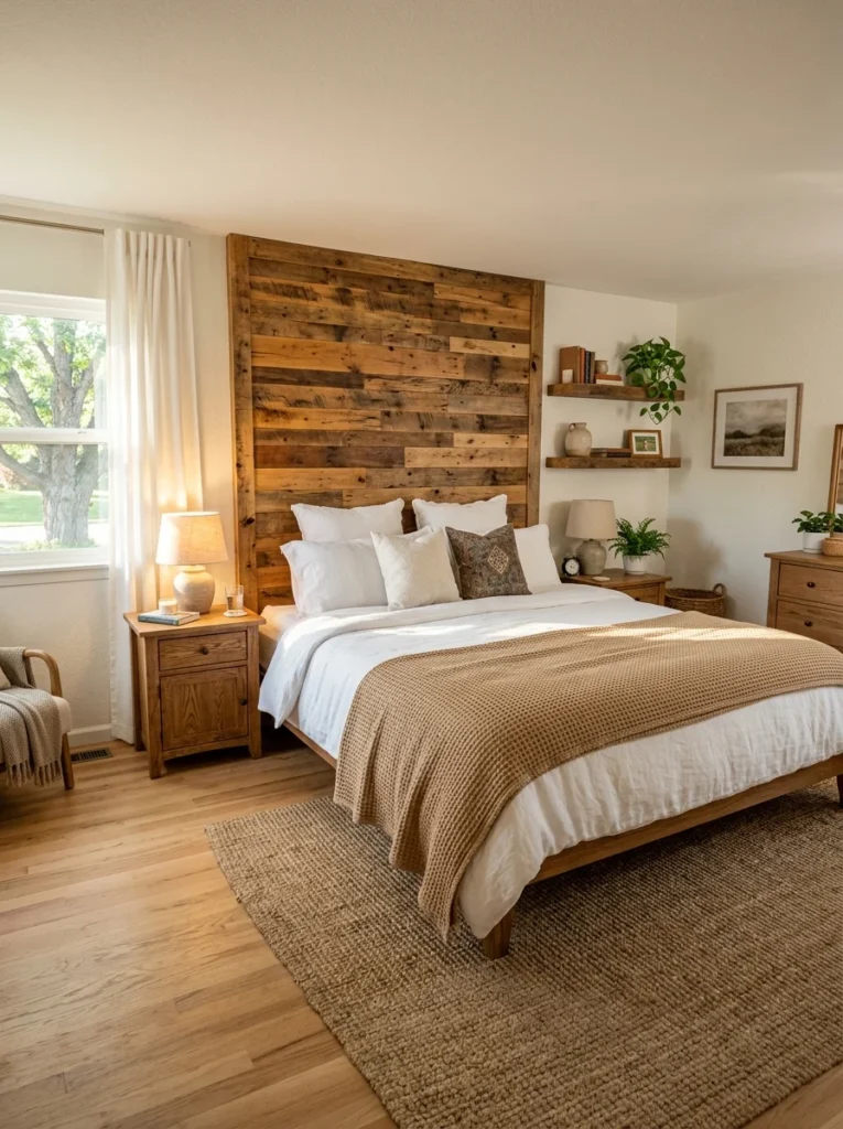 Spacious master bedroom displaying rustic king bed ideas, featuring a floor-to-ceiling reclaimed wood plank headboard panel.