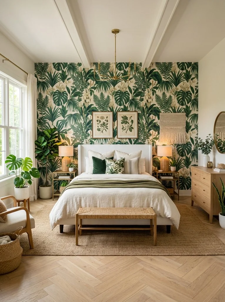 Lush tropical suite displaying bedroom backdrop ideas, featuring a vibrant palm and monstera leaf botanical wallpaper wall behind a white bed frame.