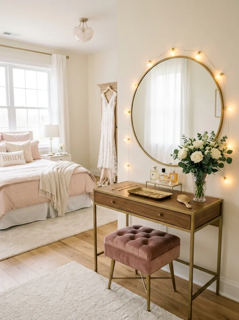 Romantic bridal getting-ready suite displaying bride room decoration ideas, featuring a vanity desk with a fairy-lit round mirror and a dusty rose velvet vanity stool.
