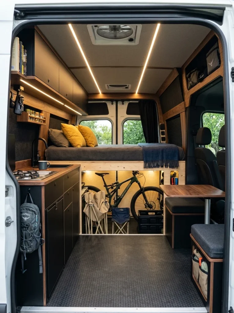 Modern campervan interior showcasing small van bed ideas, featuring an elevated platform bed built over an under-bed garage storage area holding a mountain bike.