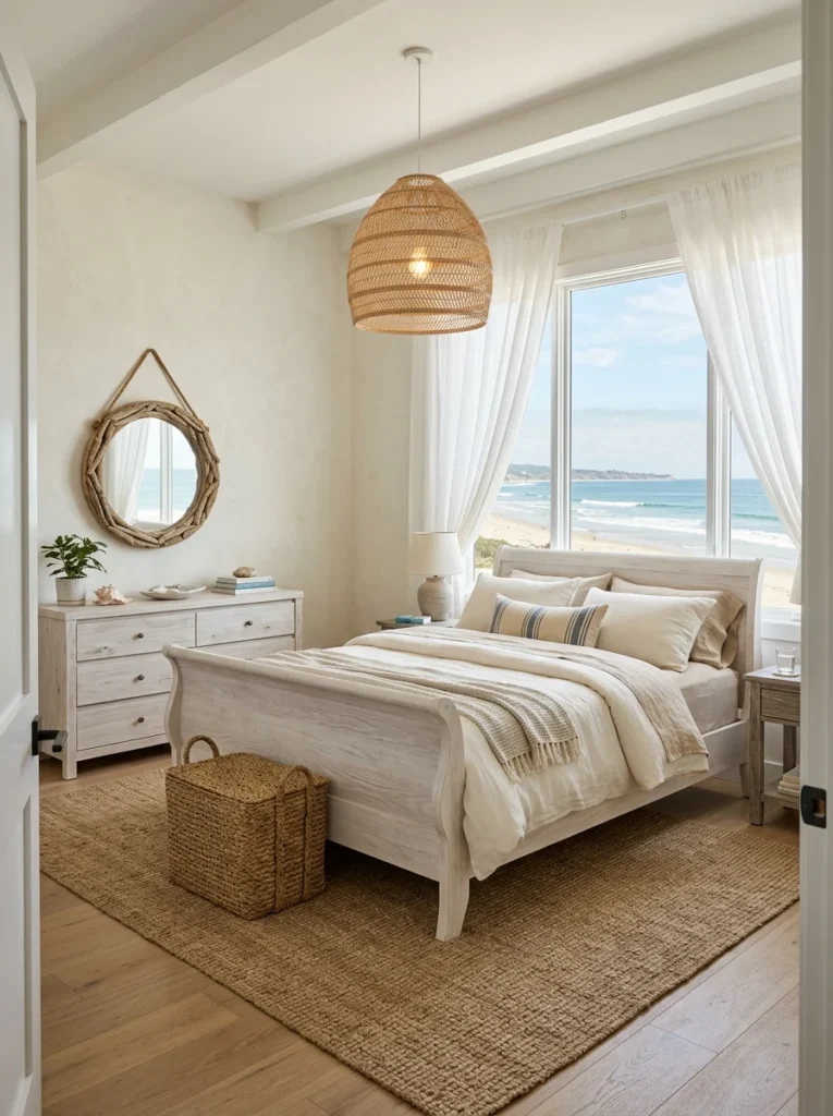 Bright beachside bedroom displaying sleigh bed makeover ideas, featuring a whitewashed wooden sleigh bed frame layered with light cream linen bedding.