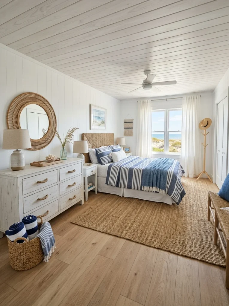 Bright coastal bedroom displaying dresser ideas, featuring a distressed whitewashed 6-drawer dresser with thick rope handles topped with a rattan round mirror.