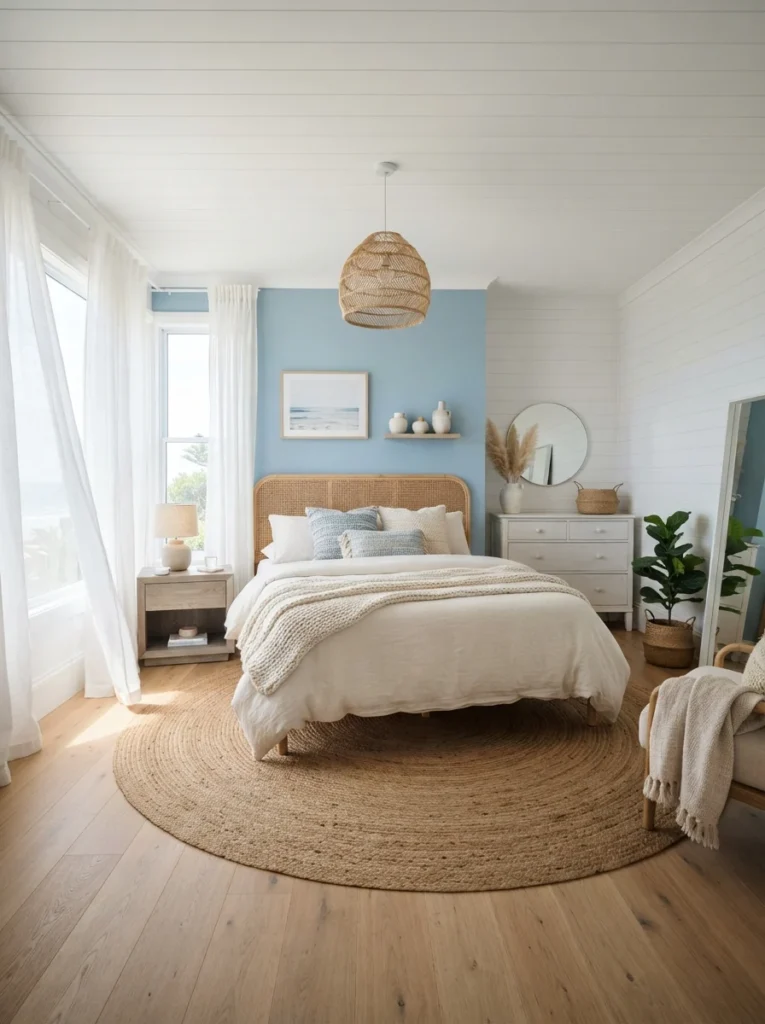 Bright coastal bedroom displaying blue rooms ideas, featuring a soft sky-blue accent wall behind a woven cane headboard and cream bedding.