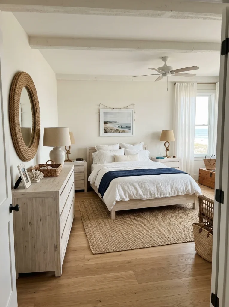 Airy coastal bedroom showcasing beach themed bedroom ideas, featuring a whitewashed wooden bed frame, white linen duvet, and a navy throw blanket.