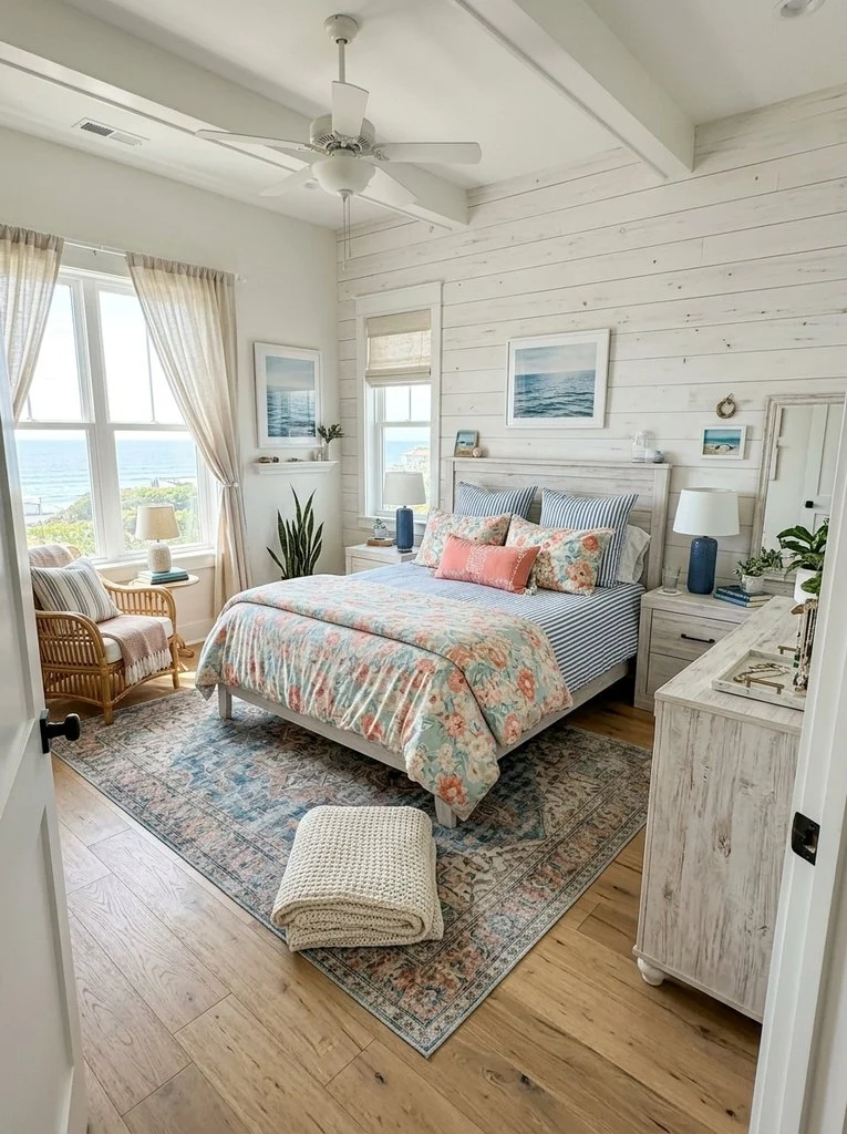Coastal bedroom displaying mix and match sheets ideas, featuring blue-and-white striped sheets paired with a peach floral duvet cover.