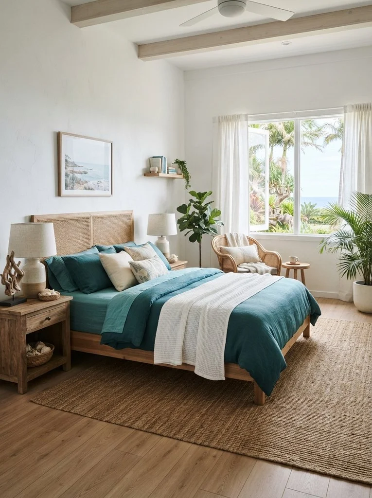 Bright tropical bedroom displaying hawaiian bedding ideas, featuring an ocean-teal linen duvet set paired with a cane-paneled wooden bed frame.