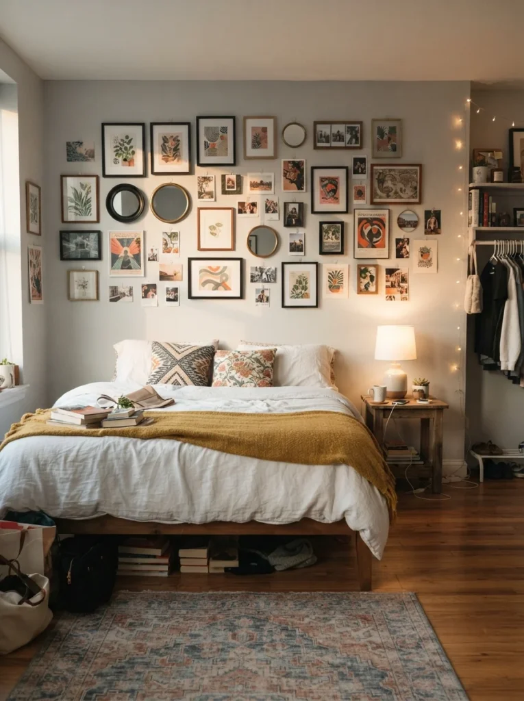 Warm student bedroom displaying college apartment room ideas, featuring a large floor-to-ceiling gallery wall above a bed with mustard yellow bedding.