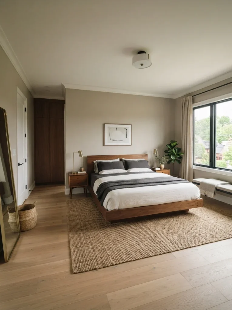 Sophisticated master suite displaying contemporary bedroom ideas, featuring a floating walnut platform bed set against warm greige walls.
