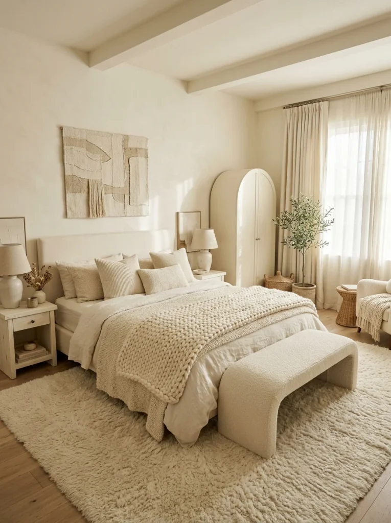 Warm cream master suite displaying master suite floor plan ideas, featuring a soft upholstered bed, arched wardrobe cabinet, and plush high-pile area rug.