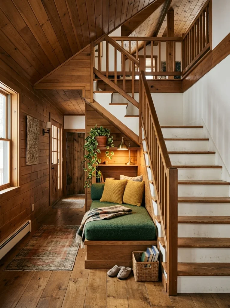 Cozy reading nook showcasing built in daybed ideas, featuring a green upholstered bench built into the space beneath a wooden staircase.