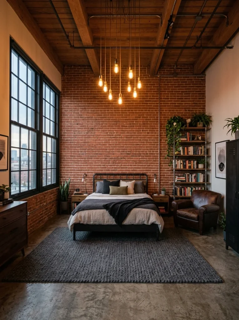 Industrial loft apartment showcasing dope bedroom ideas, featuring a red brick accent wall, cascading Edison bulb chandelier, and black metal bed frame.