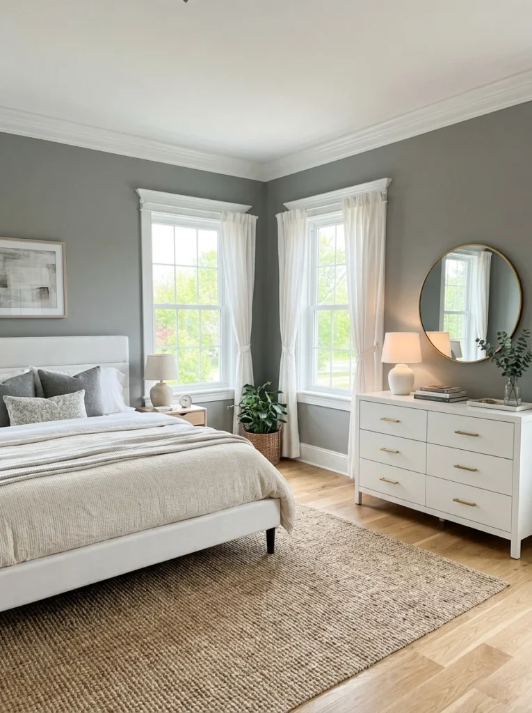 Bright master bedroom displaying grey master bedroom ideas, featuring charcoal grey walls contrasted with a white upholstered bed and white dresser.