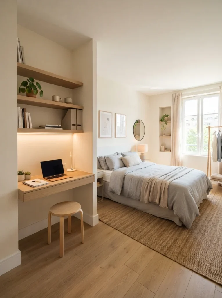 Modern suite showcasing minimalist bedroom office combo ideas, featuring a built-in floating wood desk alcove beside a soft grey bed.