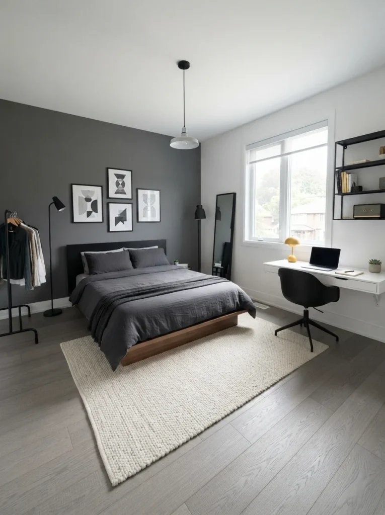 Modern minimalist space displaying teen bedroom ideas, featuring a dark charcoal accent wall, low-profile bed, and a floating white study desk.