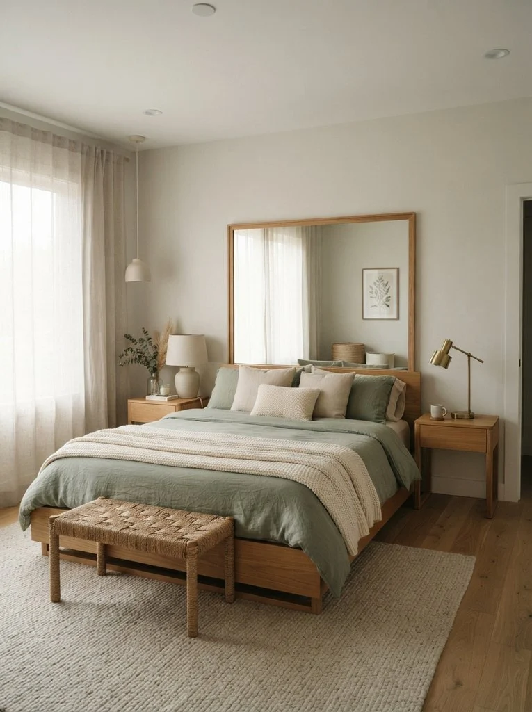 Modern minimalist bedroom featuring ideas to repurpose dresser mirrors, showing a large wooden mirror mounted horizontally behind the bed headboard.
