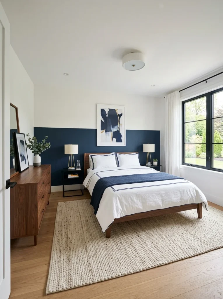 Modern bedroom displaying creative painted headboard on wall ideas, featuring a dark navy blue half-painted color block wall behind a low-profile bed frame.